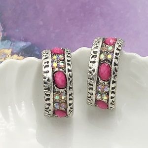 🍀 Pink & AB Iridescent Silver Hoop Earrings